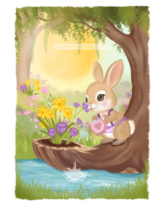 Illustration von Diana Deva Marleen. Bild für Kinder mit einem süßen Hasen in einem Fantasiewald, er pflegt sein Blumenbeeet mit Frühlingsblüten in einem alten Baumstumpf der über dem Wasser liegt.
