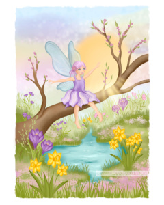 Illustration von Diana Deva Marleen. eine süße Frühlingselfe sitzt fröhlich auf einem baumstamm und erfreut sich am Leben. Sie trägt ein fliederfarbenes Kleid aus Blüten, hat zarte blaue Flügel und rosa Haare. In ihrer Welt wachsen Frühlingsblumen, Krokus, Narzissen und rosa Fantasieblumen. Unter ihr ist ein kleiner Teich in türkisblauem Wasser. Die Sonne scheint durch die Baumkrone welche mit rosa Knospen bedeckt ist.