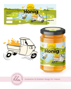 Diana Deva Marleen: Illustration und Design für Honig Etiketten nach  Kundenwunsch. mit süßer Biene, Landschaft der Region und einer Ape die Honig geladen hat.