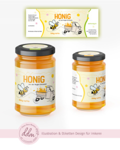 Diana Deva Marleen: Illustration und Design für Honig Etiketten nach  Kundenwunsch. mit süßer Biene, Landschaft der Region und einer Ape die Honig geladen hat.
