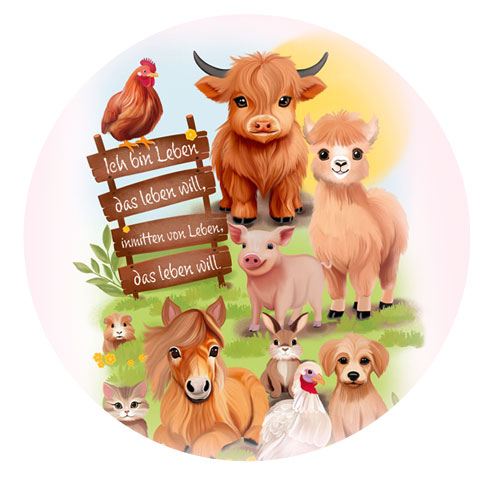 Key Visual. Illustration Wandbild von Diana Deva marleen: Lebenshof Tiergruppe. Tiere auf dem Bauernhof, Hochlandrind, Alpaka, Huhn, Pferd, Katze, Kaninchen, Meerschweinchen, Truthahn. Buntstift - Ölgemäle Mix.