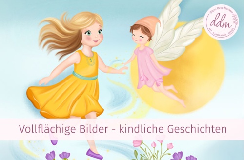 Titelbild Portfolio. Ein kleines Mädchen mit gelbem Sommerkleid schwebt über einem Zauberbrunnen, zarte Elfe neben ihr besprüht sie mit Feenstaub. Illustration und Design von Diana Deva Marleen, Kinderbuch Illustratorin Österreich, Editorial Illustration, Bildergeschichte, Kinderbuch Bilder, Erzählbilder, Merchandising, Maskottchen zeichnen lassen