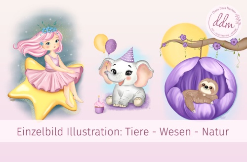 Titelbild Portfolio. Glücksmädchen auf Sternschnuppe, ein babyelefant feiert Geburtstag und ein Faultier schläft in einer Blütenhöhle. Illustration und Design von Diana Deva Marleen, Kinderbuch Illustratorin Österreich, Editorial Illustration, Bildergeschichte, Kinderbuch Bilder, Erzählbilder, Merchandising, Maskottchen zeichnen lassen