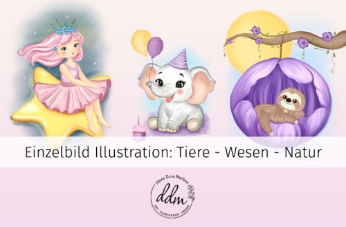 Titelbild Portfolio. Glücksmädchen auf Sternschnuppe, ein babyelefant feiert Geburtstag und ein Faultier schläft in einer Blütenhöhle. Illustration und Design von Diana Deva Marleen, Kinderbuch Illustratorin Österreich, Editorial Illustration, Bildergeschichte, Kinderbuch Bilder, Erzählbilder, Merchandising, Maskottchen zeichnen lassen