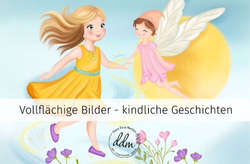 Titelbild Portfolio. Ein kleines Mädchen mit gelbem Sommerkleid schwebt über einem Zauberbrunnen, zarte Elfe neben ihr besprüht sie mit Feenstaub. Illustration und Design von Diana Deva Marleen, Kinderbuch Illustratorin Österreich, Editorial Illustration, Bildergeschichte, Kinderbuch Bilder, Erzählbilder, Merchandising, Maskottchen zeichnen lassen